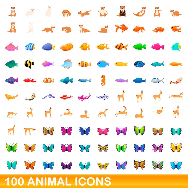 100 iconos de animales establecidos. Ilustración de dibujos animados de 100 iconos de animales vector conjunto aislado sobre fondo blanco