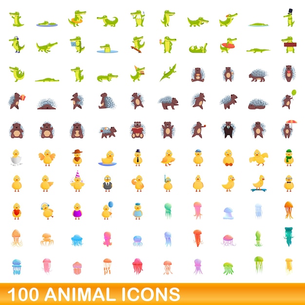 100 iconos de animales establecidos. Ilustración de dibujos animados de 100 iconos de animales vector conjunto aislado sobre fondo blanco