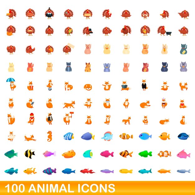 100 iconos de animales establecidos. Ilustración de dibujos animados de 100 iconos de animales vector conjunto aislado sobre fondo blanco