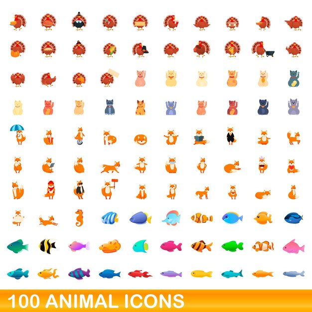 100 iconos de animales establecidos. ilustración de dibujos animados de 100 iconos de animales vector conjunto aislado sobre fondo blanco