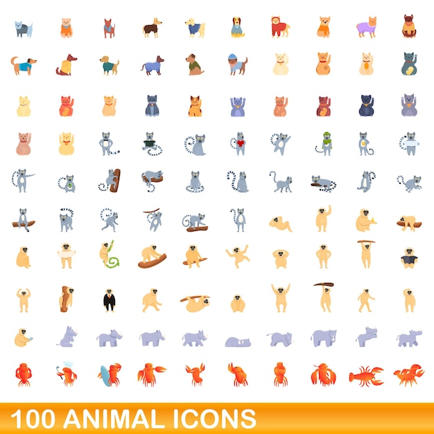 Vector 100 iconos de animales establecidos. ilustración de dibujos animados de 100 iconos de animales vector conjunto aislado sobre fondo blanco