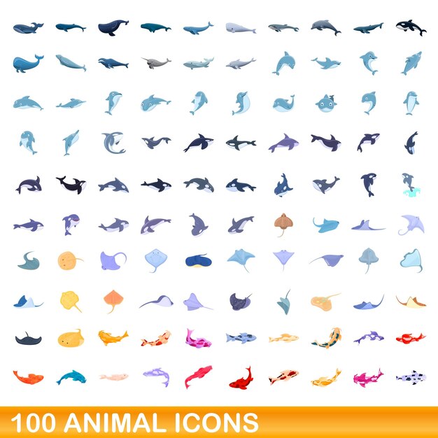 100 iconos de animales establecidos. Ilustración de dibujos animados de 100 iconos de animales vector conjunto aislado sobre fondo blanco