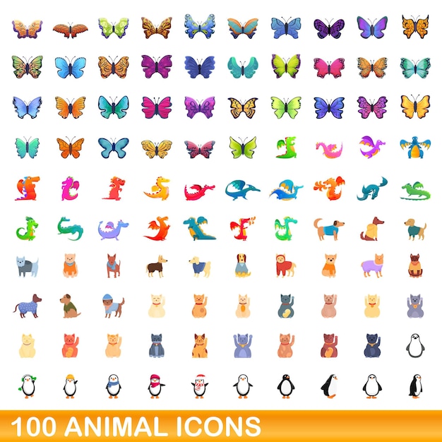 100 iconos de animales establecidos. Ilustración de dibujos animados de 100 iconos de animales vector conjunto aislado sobre fondo blanco