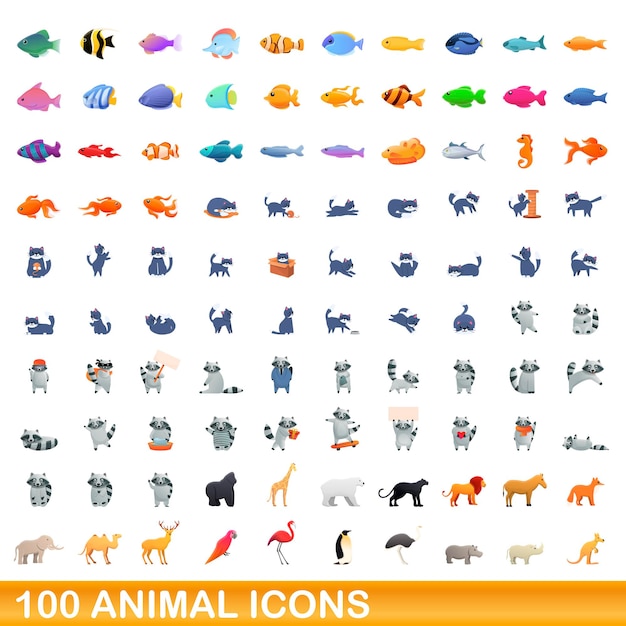 Vector 100 iconos de animales establecidos. ilustración de dibujos animados de 100 iconos de animales vector conjunto aislado sobre fondo blanco