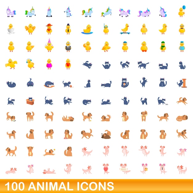 100 iconos de animales establecidos. ilustración de dibujos animados de 100 iconos de animales vector conjunto aislado sobre fondo blanco