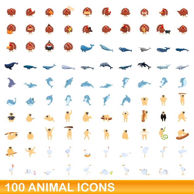 100 iconos de animales establecidos. ilustración de dibujos animados de 100 iconos de animales vector conjunto aislado sobre fondo blanco