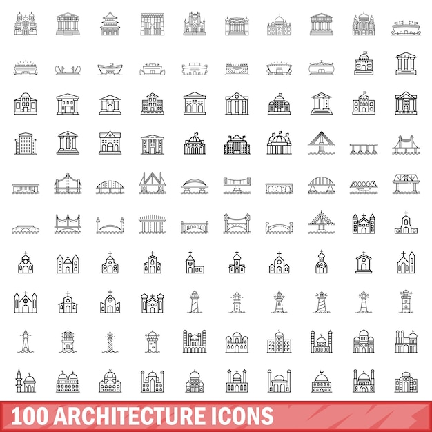 Vector 100 iconos de arquitectura establecer estilo de esquema