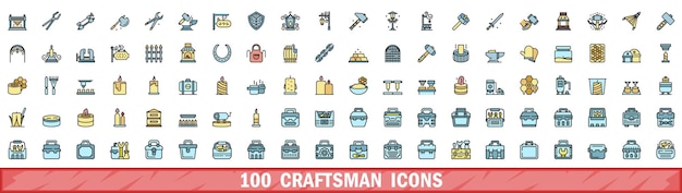 100 íconos de artesanos configuraron el estilo de la línea de color