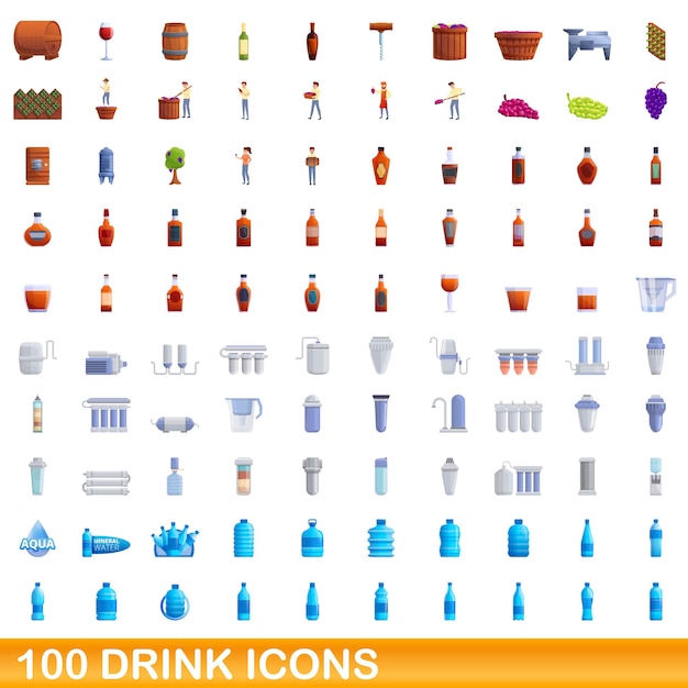 100 iconos de bebida, estilo de dibujos animados