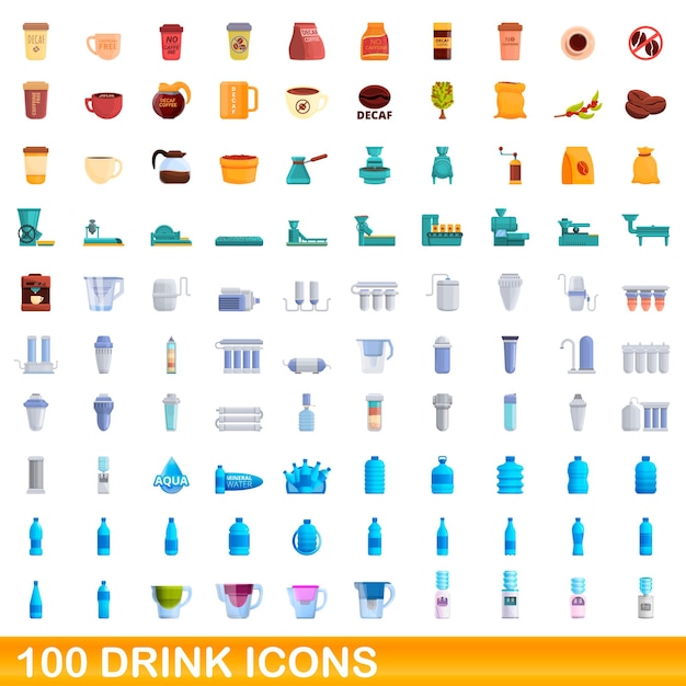 100 iconos de bebidas establecidos. Ilustración de dibujos animados de 100 iconos de bebidas conjunto de vectores aislado sobre fondo blanco