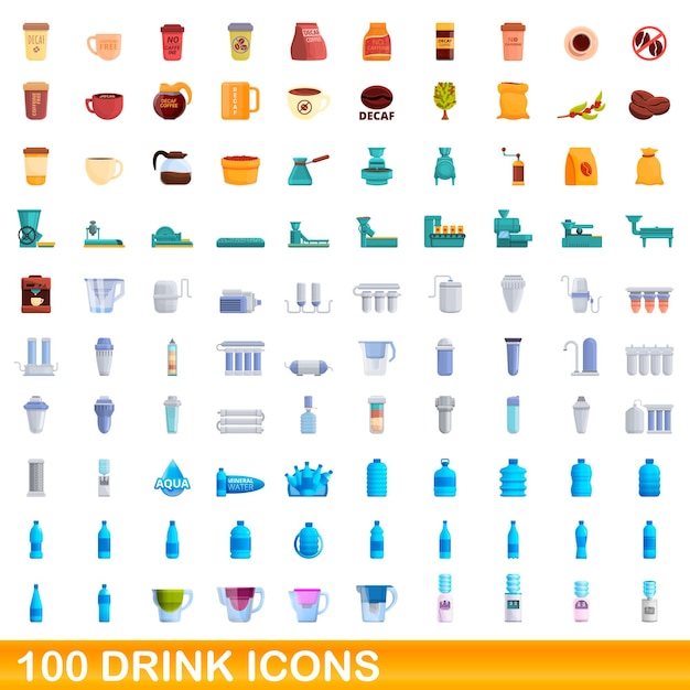 100 iconos de bebidas establecidos. ilustración de dibujos animados de 100 iconos de bebidas conjunto de vectores aislado sobre fondo blanco