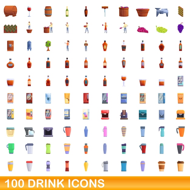 100 iconos de bebidas establecidos. ilustración de dibujos animados de 100 iconos de bebidas conjunto de vectores aislado sobre fondo blanco