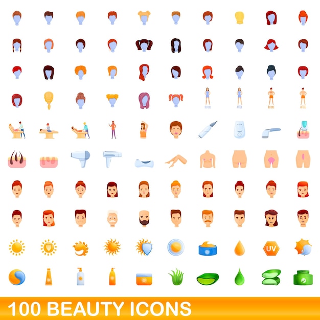 100 iconos de belleza establecidos. Ilustración de dibujos animados de 100 iconos de belleza vector conjunto aislado sobre fondo blanco