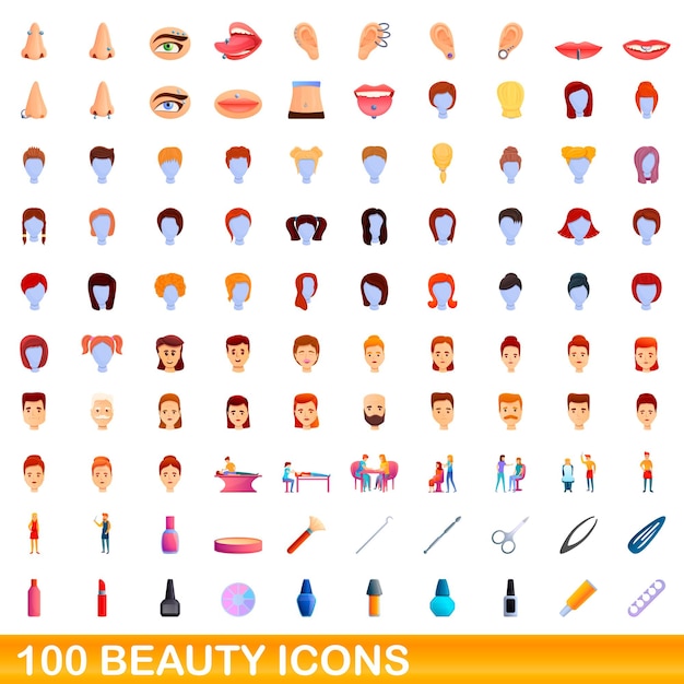 100 iconos de belleza establecidos. Ilustración de dibujos animados de 100 iconos de belleza vector conjunto aislado sobre fondo blanco