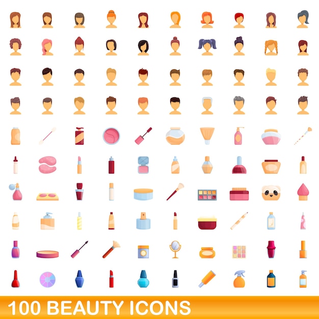 100 iconos de belleza establecidos. Ilustración de dibujos animados de 100 iconos de belleza vector conjunto aislado sobre fondo blanco