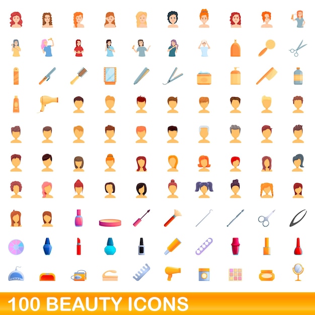100 iconos de belleza establecidos. Ilustración de dibujos animados de 100 iconos de belleza vector conjunto aislado sobre fondo blanco