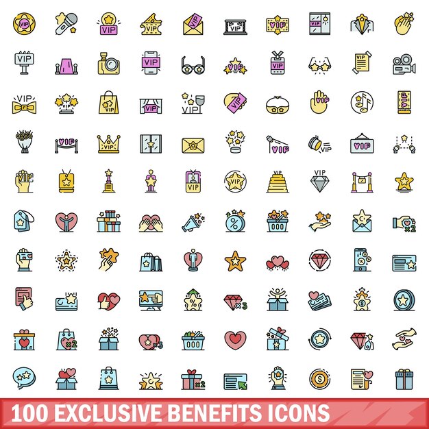 100 íconos de beneficios exclusivos ajustados al estilo de la línea de color