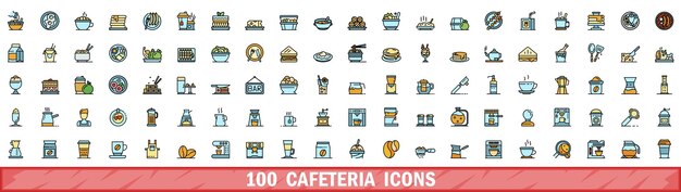 100 iconos de cafetería con estilo de línea de color