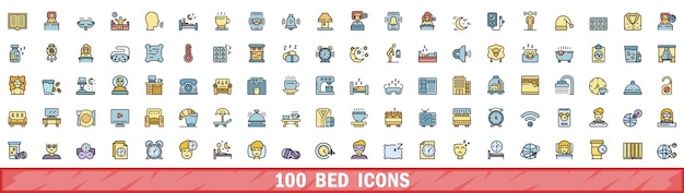100 iconos de cama con estilo de línea de color