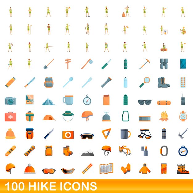 100 iconos de caminata establecidos. Ilustración de dibujos animados de 100 iconos de caminata conjunto de vectores aislado sobre fondo blanco