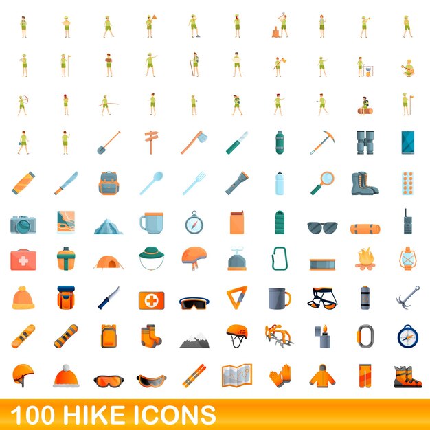 100 iconos de caminata establecidos. ilustración de dibujos animados de 100 iconos de caminata conjunto de vectores aislado sobre fondo blanco