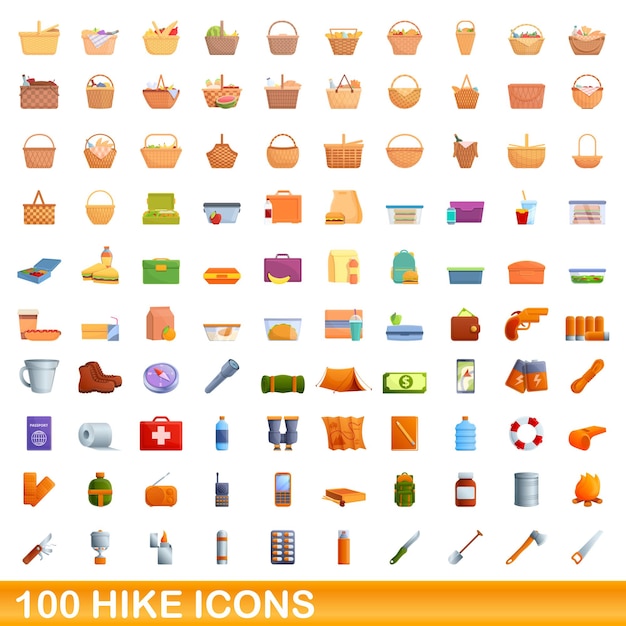 100 iconos de caminata, estilo de dibujos animados