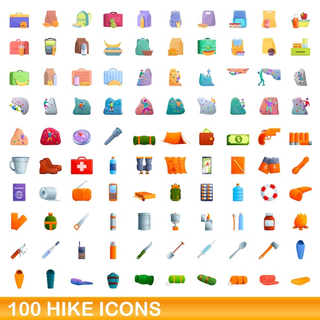 100 iconos de caminata, estilo de dibujos animados