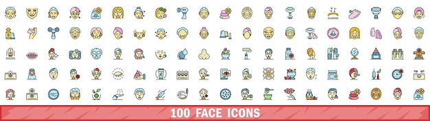 100 iconos de cara establecidos estilo de línea de color