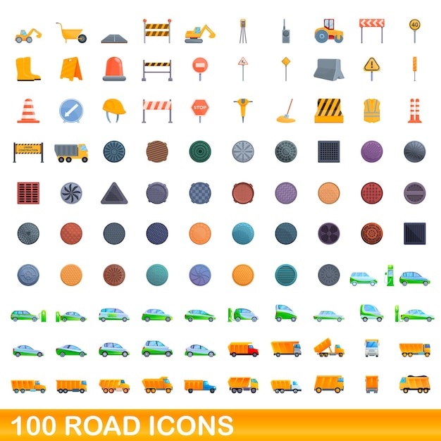 100 iconos de carretera establecidos. Ilustración de dibujos animados de 100 iconos de carretera conjunto de vectores aislado sobre fondo blanco