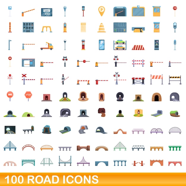 100 iconos de carretera establecidos. Ilustración de dibujos animados de 100 iconos de carretera conjunto de vectores aislado sobre fondo blanco