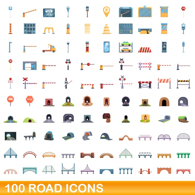 100 iconos de carretera establecidos. ilustración de dibujos animados de 100 iconos de carretera conjunto de vectores aislado sobre fondo blanco