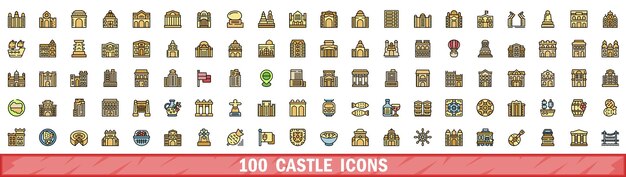 100 iconos de castillo con estilo de línea de color