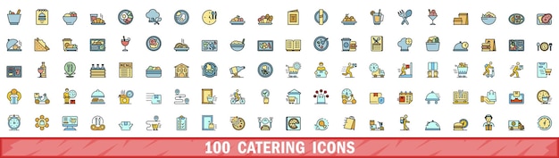 100 íconos de catering con estilo de línea de colores