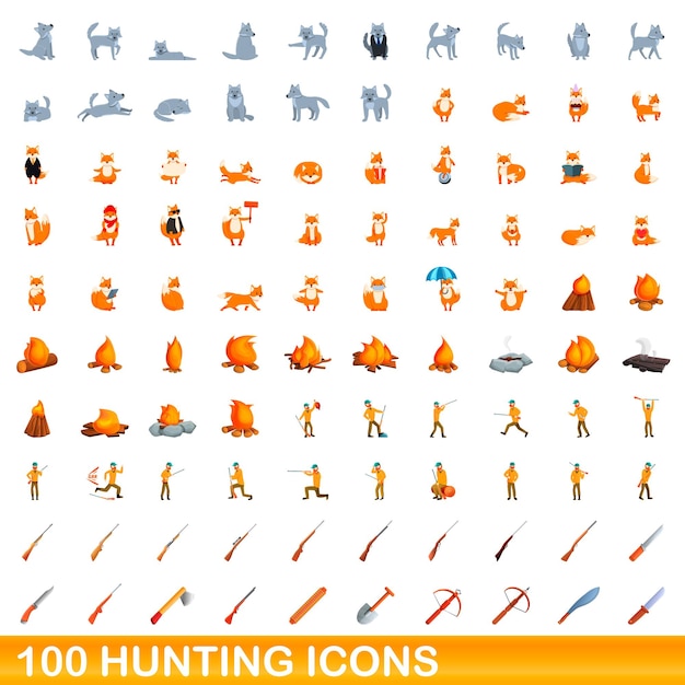 100 iconos de caza establecidos. Ilustración de dibujos animados de 100 iconos de caza vector conjunto aislado sobre fondo blanco