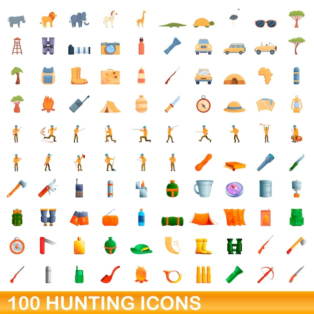 100 iconos de caza, estilo de dibujos animados