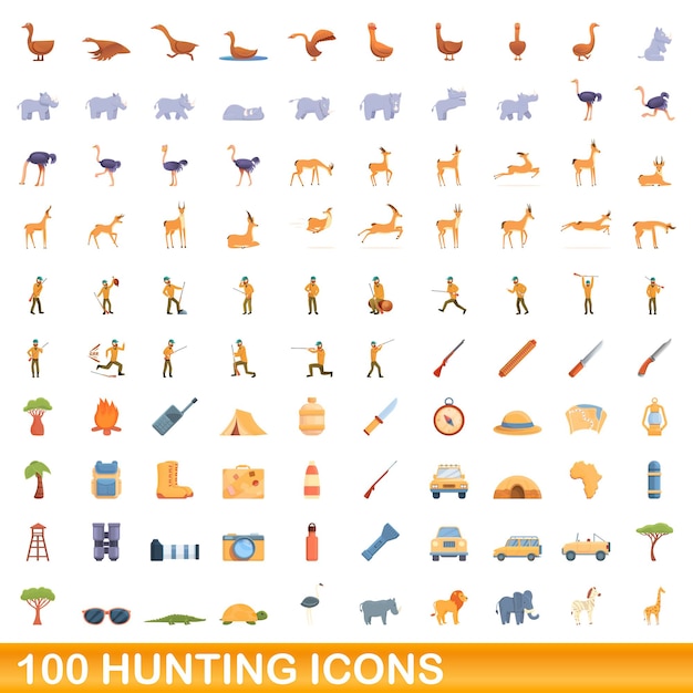 100 iconos de caza, estilo de dibujos animados