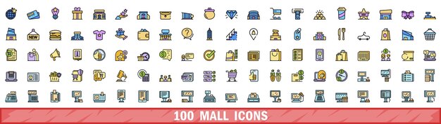 100 iconos de centro comercial con estilo de línea de color