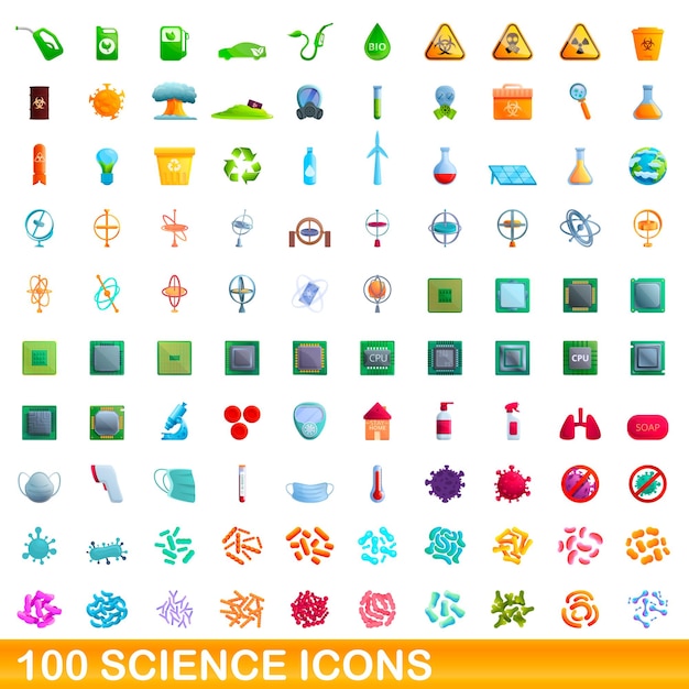100 iconos de ciencia establecidos. Ilustración de dibujos animados de 100 iconos de ciencia conjunto de vectores aislado sobre fondo blanco