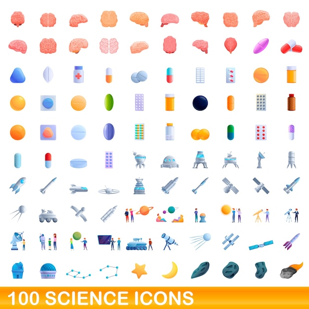 100 iconos de ciencia establecidos. Ilustración de dibujos animados de 100 iconos de ciencia conjunto de vectores aislado sobre fondo blanco