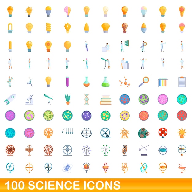 100 iconos de ciencia establecidos. Ilustración de dibujos animados de 100 iconos de ciencia conjunto de vectores aislado sobre fondo blanco