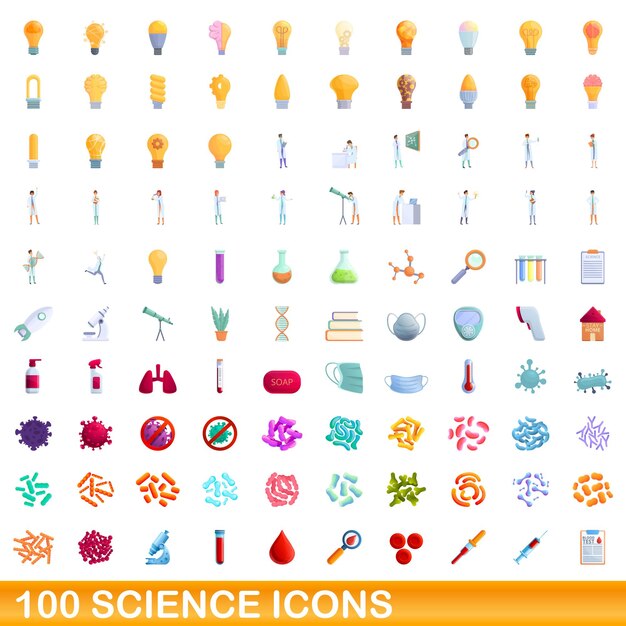 100 iconos de ciencia establecidos. ilustración de dibujos animados de 100 iconos de ciencia conjunto de vectores aislado sobre fondo blanco