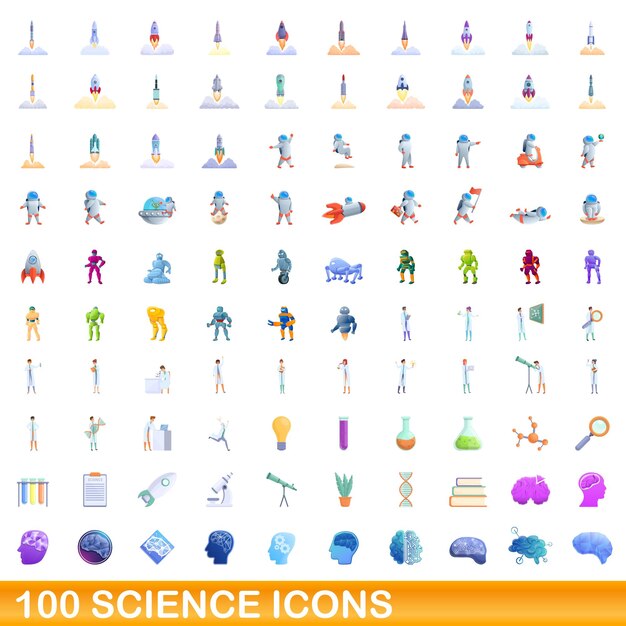 100 iconos de ciencia establecidos. Ilustración de dibujos animados de 100 iconos de ciencia conjunto de vectores aislado sobre fondo blanco