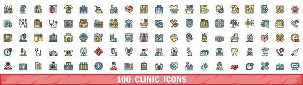 100 iconos de la clínica establecidos en el estilo de la línea de color