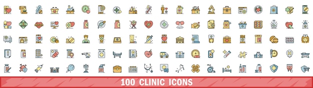 100 iconos de la clínica establecidos en el estilo de la línea de color