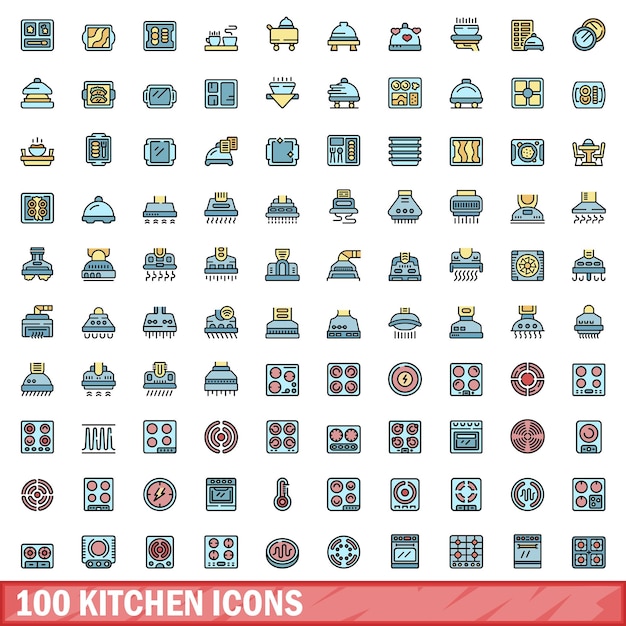 100 iconos de cocina establecidos Conjunto de líneas de color de iconos de vector de cocina color de línea delgada plana sobre blanco