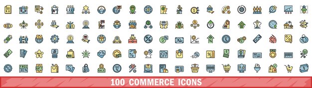 100 iconos de comercio conjunto de estilo de línea de color