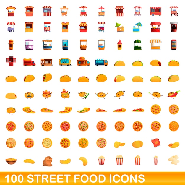 100 iconos de comida callejera establecidos. Ilustración de dibujos animados de 100 iconos de comida callejera vector conjunto aislado sobre fondo blanco