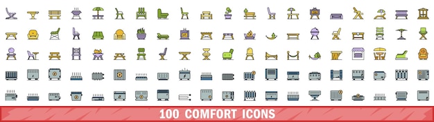 100 iconos de comodidad conjunto de estilo de línea de color