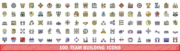 100 íconos de construcción de equipo conjunto de estilo de línea de color