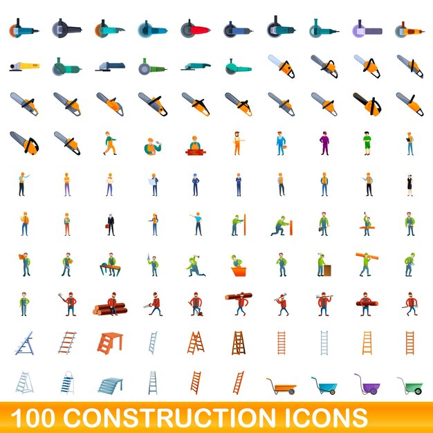 100 iconos de construcción establecidos. Ilustración de dibujos animados de 100 iconos de construcción conjunto de vectores aislado sobre fondo blanco